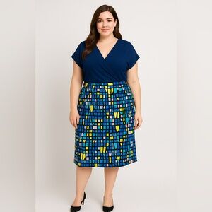 NWOT Leota USA-made blue yellow‎ dolman sleeve wrap dress, size 3L